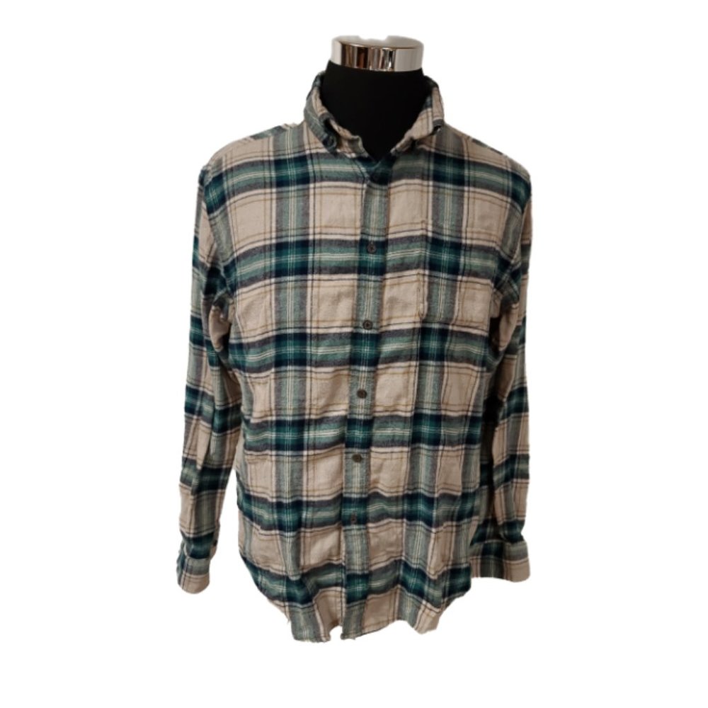 CROFT & BARROW Mens Medium Green Beige Stripe Long Sleeve Button Flannel Shirt
